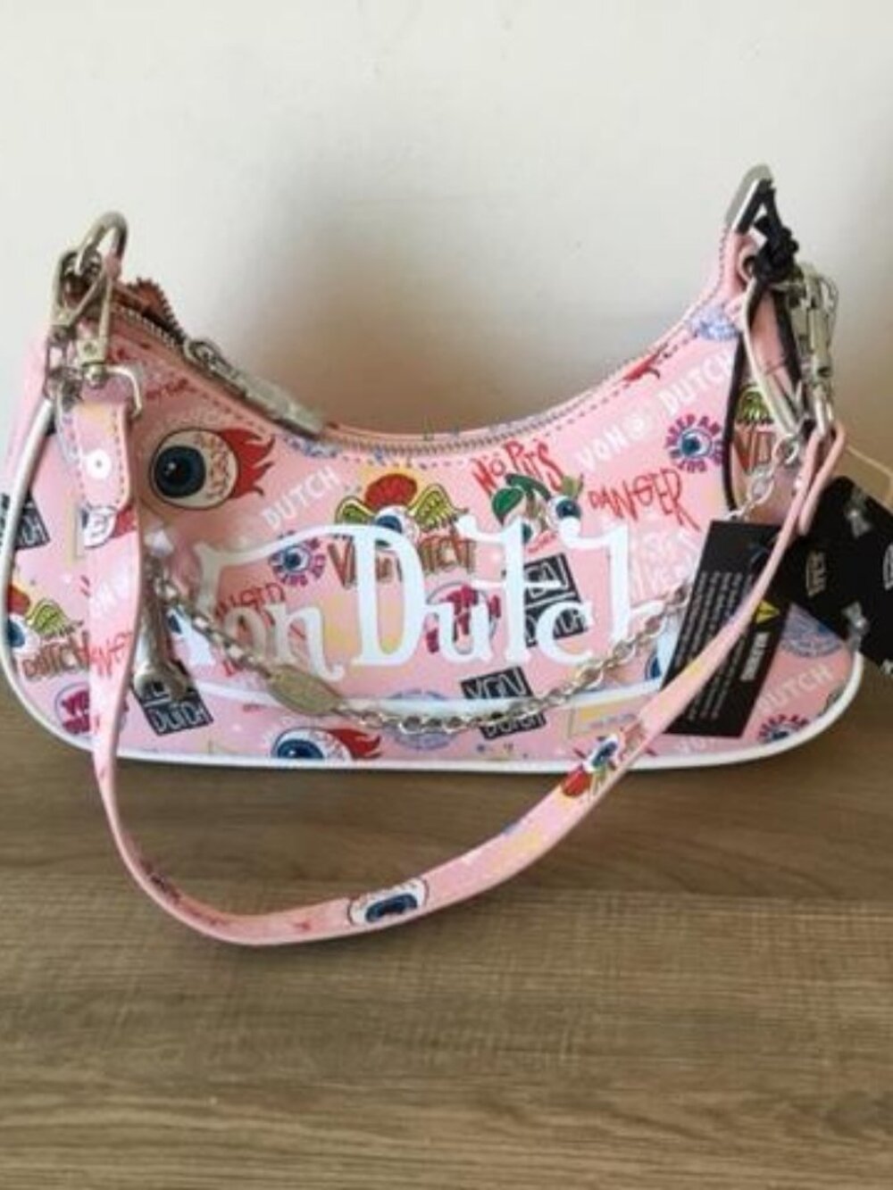 Von Dutch Light Pink Chaos Shoulder Bag w/Vibrant Y2K Graphics & Bag Charms NWT